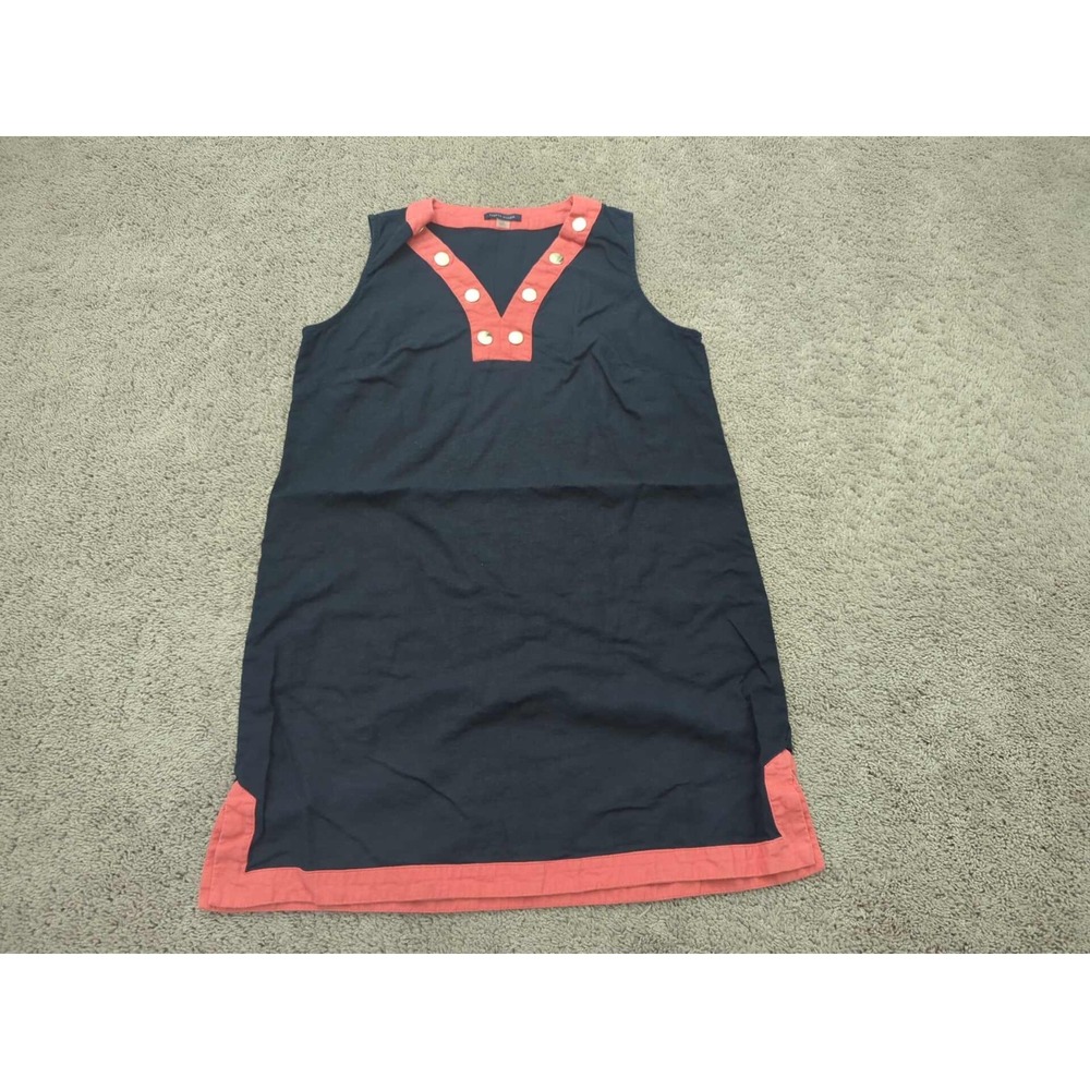 Tommy Hilfiger Dress Women 16 Navy Coral Trim V-Neck Sleeveless 55% Linen Casual